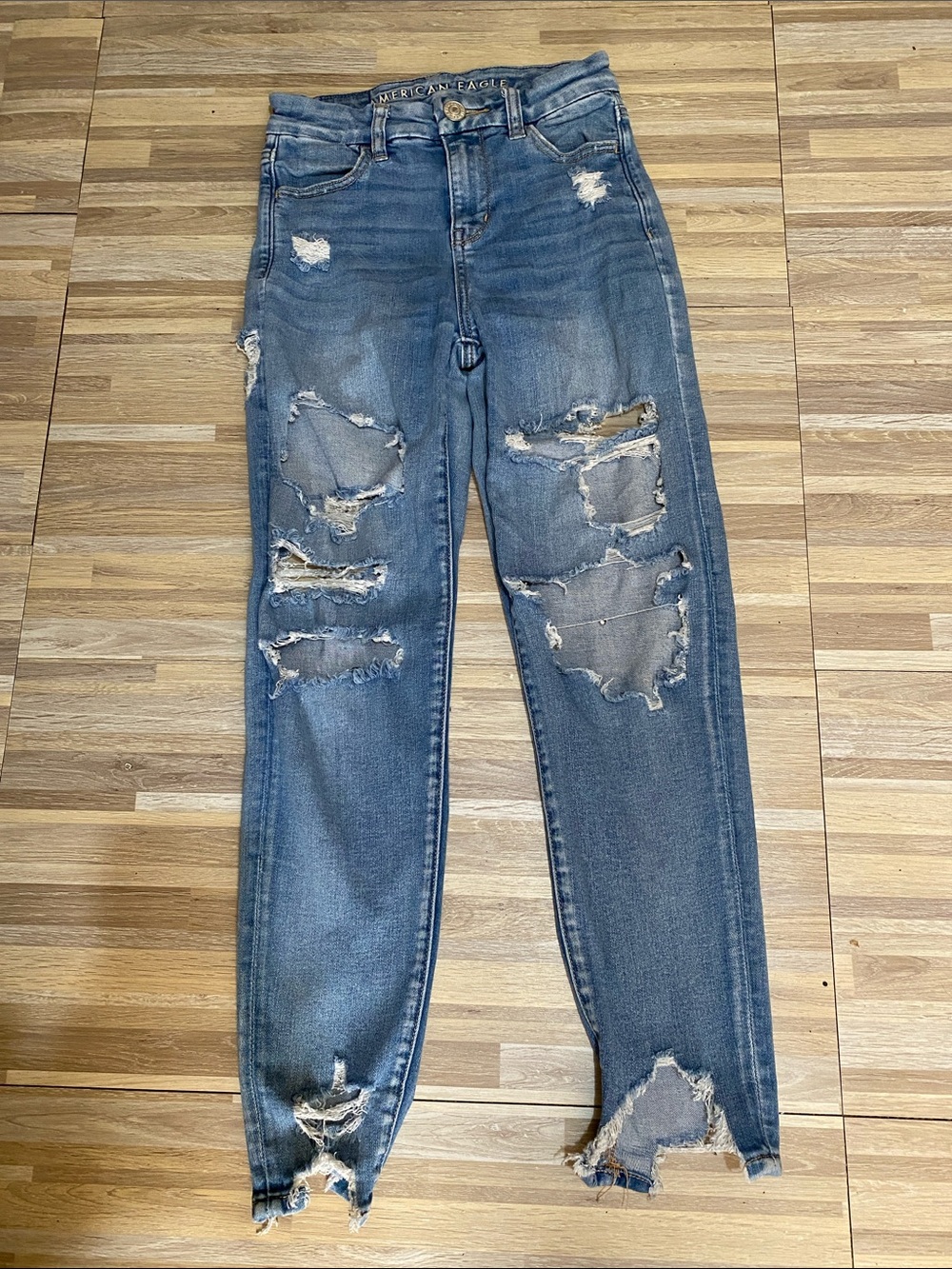 AMERICAN EAGLE Curvy High Rise DISTRESSED jeggings size women’s 000 short - Picture 2 of 10